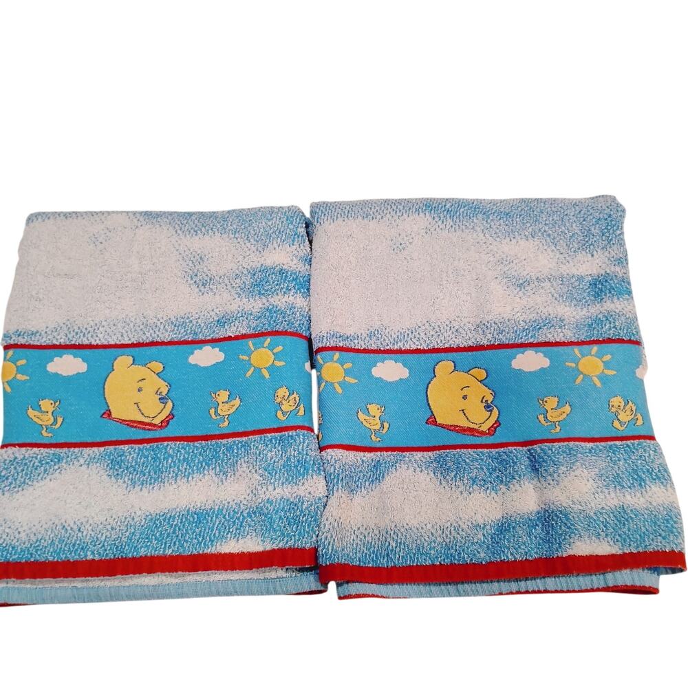 VTG Winnie the Pooh Bath Towels Heavyweight Set Cranberry Sky Blue White 50"x25"